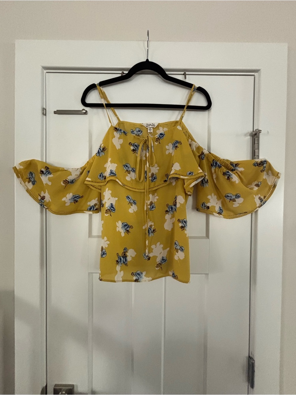 krazy kat Mustard Yellow Floral Cold-Shoulder Tie-Front Blouse